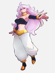 Rule 34 | 1girl, android 21, bracelet, choker, colored skin, dragon ball, dragon ball fighterz, earrings, full body, grey background, hoop earrings, jewelry, kemachiku, long hair, looking at viewer, majin android 21, midriff, navel, pink hair, pink skin, red eyes, simple background, solo, yellow choker