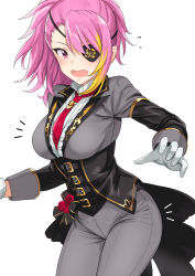 Rule 34 | 1girl, asymmetrical bangs, belt, black belt, blonde hair, blush, breasts, butler, coattails, commentary request, cowboy shot, eyepatch, female butler, flower, flying sweatdrops, formal, gloves, gold trim, grey jacket, grey pants, hand up, highres, idolmaster, idolmaster million live!, idolmaster million live! theater days, jacket, large breasts, long sleeves, looking at viewer, maihama ayumu, medium hair, multicolored hair, necktie, notice lines, one eye covered, open mouth, pant suit, pants, pink eyes, pink hair, ponytail, red flower, red necktie, shirt, simple background, solo, standing, streaked hair, suit, tsurui, two-tone hair, underbust, white background, white gloves, white shirt