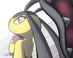 Rule 34 | 1girl, artist name, black hair, creatures (company), dated, extra mouth, female focus, from behind, game freak, gen 3 pokemon, grey background, hand up, highres, laranthrod, looking back, mawile, mega mawile, mega pokemon, nintendo, no humans, pink eyes, pokemon, pokemon (creature), pokemon rse, sharp teeth, simple background, solo, standing, teeth, text focus, upper body, watermark