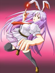 Rule 34 | 1girl, animal ears, belt, black thighhighs, blouse, female focus, loafers, long hair, necktie, noza, purple hair, rabbit ears, red eyes, red necktie, reisen udongein inaba, shirt, shoes, skirt, solo, thighhighs, touhou