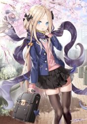 Rule 34 | 1girl, abigail williams (fate), alternate costume, artist name, bag, bag charm, black bow, black skirt, black thighhighs, blonde hair, blue jacket, blush, bow, briefcase, bug, butterfly, charm (object), commentary request, day, fate/grand order, fate (series), grey scarf, hair ornament, holding, holding bag, insect, jacket, long hair, long scarf, long sleeves, looking at viewer, outdoors, parted bangs, red ribbon, ribbon, scarf, school briefcase, shirt, skirt, solo, standing, sweater vest, thighhighs, tree, tyone, very long hair, white shirt