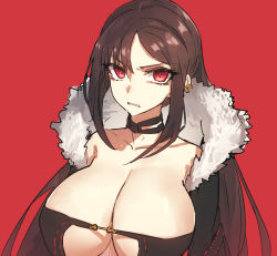 Rule 34 | 1girl, alternate breast size, breasts, brown hair, cleavage, ear piercing, fate/grand order, fate (series), fur-trimmed collar, fur trim, large breasts, long hair, looking at viewer, melon22, piercing, red background, red eyes, simple background, solo, upper body, yu mei-ren (fate)