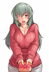 Rule 34 | 1girl, ;d, blush, breasts squeezed together, breasts, cleavage, gentosha, huge breasts, long hair, looking at viewer, aged up, one eye closed, open mouth, red eyes, ribbed sweater, rozen maiden, silver hair, smile, solo, suigintou, sweater, tsuda nanafushi, valentine, wink