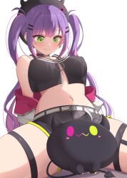 Rule 34 | alternate breast size, beret, bibi (tokoyami towa), choker, earrings, green eyes, hair ornament, hairclip, hashira 14, hat, highres, hololive, jacket, jacket partially removed, jewelry, long hair, looking down, midriff, navel, navel piercing, piercing, purple hair, shorts, simple background, sitting, smile, spread legs, thigh strap, thighs, tokoyami towa, twintails, very long hair, virtual youtuber, white background