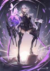 Rule 34 | 1girl, breasts, choker, cleavage cutout, clothing cutout, dress, dual wielding, flower, harness, high heels, highres, holding, holding sword, holding weapon, jacket, large breasts, mecha musume, original, purple eyes, science fiction, short hair, solo, standing, sword, t-track, thighhighs, weapon, white hair
