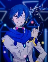 Rule 34 | 1boy, blue eyes, blue hair, blue nails, blue scarf, blurry, blurry background, commentary request, hair between eyes, hand on own hip, headset, heart, high collar, kaito (vocaloid), long sleeves, looking at viewer, parang 99, pinky out, scarf, short hair, smile, solo, teeth, upper body, vocaloid