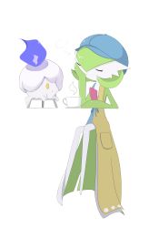 Rule 34 | 1girl, :t, blank eyes, blue dress, blue headwear, bob cut, cabbie hat, closed eyes, closed mouth, clothed pokemon, colored skin, creatures (company), cup, dress, drink, female focus, fire, flat chest, full body, game freak, gardevoir, gardevoir (cafe), gen 3 pokemon, gen 5 pokemon, green hair, green skin, hai (gardevoirrr), hair between eyes, hand on own cheek, hand on own face, hand up, hat, head rest, highres, invisible chair, litwick, multicolored skin, nintendo, o3o, pocket, pokemon, pokemon (creature), pokemon unite, purple fire, saucer, short hair, simple background, sitting, sleeping, sleeveless, sleeveless dress, steam, stool, teacup, two-tone dress, two-tone skin, u u, white background, white skin, yellow dress, yellow eyes