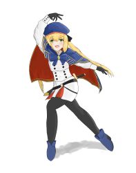 Rule 34 | 1girl, absurdres, artoria caster (fate), artoria pendragon (fate), beret, black gloves, blonde hair, blue cape, blush, boots, buttons, cape, double-breasted, fate/grand order, fate (series), full body, gloves, green eyes, hat, heel up, highres, jacket, long hair, looking at viewer, multicolored cape, multicolored clothes, nicho, open mouth, pantyhose, red cape, simple background, smile, solo, sword, sword behind back, throwing, weapon, white background, white jacket