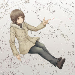 Rule 34 | 1girl, boots, brown eyes, brown hair, car, casual, connect the dots, guitar, highres, instrument, jacket, motor vehicle, new year, original, pants, pointing, shoes, short hair, sitting, smile, solo, surreal, text focus, vehicle, yajirushi (chanoma)