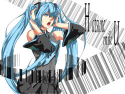Rule 34 | barcode, blue eyes, blue hair, detached sleeves, dpzkzl, hatsune miku, highres, long hair, necktie, skirt, solo, twintails, vocaloid