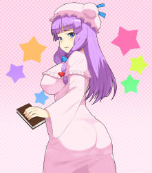 Rule 34 | 1girl, ass, bad id, bad pixiv id, blue eyes, blush, book, breasts, checkered background, covered erect nipples, crescent moon, female focus, hair ribbon, hat, highres, large breasts, lips, long hair, looking at viewer, looking back, moon, nbo, patchouli knowledge, pink theme, purple hair, ribbon, solo, star (symbol), touhou
