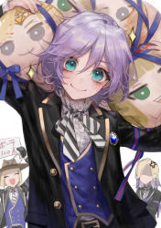 Rule 34 | 1boy, androgynous, blouse, blue eyes, blush, bow, bowtie, epel felmier, highres, looking at viewer, omanjuu mascot, pale skin, purple hair, ribbon, roku, rook hunt, shaded face, shirt, smile, striped bow, striped bowtie, striped clothes, stuffed toy, twisted wonderland, vil schoenheit, white shirt