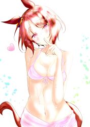 Rule 34 | 1girl, alternate costume, animal ears, anomaro una, arm behind back, blush, breasts, brown hair, cleavage, collarbone, commentary request, finger to mouth, hair ornament, heart, highres, horse ears, horse tail, looking at viewer, medium hair, navel, pink eyes, sakura laurel (umamusume), simple background, small breasts, solo, tail, umamusume, wet
