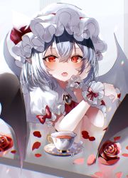 Rule 34 | 1girl, bat wings, blue hair, cup, flower, hair between eyes, hat, looking at viewer, mob cap, open mouth, petals, puffy short sleeves, puffy sleeves, red eyes, red flower, red rose, remilia scarlet, rose, sakizaki saki-p, short hair, short sleeves, solo, spoon, teacup, touhou, upper body, white hat, wings, wrist cuffs