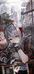Rule 34 | 1girl, absurdres, antennae, arknights, asymmetrical sleeves, bird, black gloves, black jacket, building, card, closed mouth, commentary request, expressionless, fingerless gloves, gloves, grey hair, grey shirt, hand on own chin, highres, horns, jacket, jumbowhopper, korean commentary, medium hair, orange eyes, playing card, red horns, scar, scar on arm, shirt, solo, w (arknights), white bird