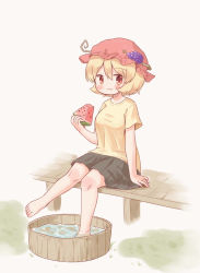 Rule 34 | 1girl, aki minoriko, arinu, barefoot, black skirt, blonde hair, blush, closed mouth, food, food-themed hat ornament, fruit, fruit hat ornament, grapes, hair between eyes, hat, hat ornament, highres, holding, holding food, holding fruit, mob cap, pleated skirt, red eyes, red hat, shirt, short hair, short sleeves, sitting, skirt, smile, solo, touhou, watermelon, watermelon slice, yellow shirt