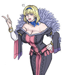 Rule 34 | 1girl, bare shoulders, black dress, blonde hair, blue choker, blue eyes, blue hairband, breasts, choker, cleavage, commentary request, constance von nuvelle, cowboy shot, dress, drill hair, drill sidelocks, fire emblem, fire emblem: three houses, fire emblem warriors: three hopes, hairband, hand up, highres, index finger raised, kongari tofu, large breasts, long sleeves, nintendo, off-shoulder dress, off shoulder, official alternate costume, official alternate hairstyle, open mouth, short hair, sidelocks, simple background, solo, standing, white background