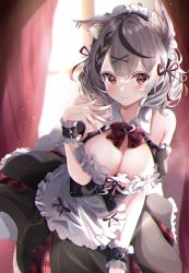 Rule 34 | 1girl, :3, absurdres, animal ear fluff, animal ears, apron, black hair, black skirt, blush, bow, bowtie, breasts, cat ears, cleavage, closed mouth, curtains, detached collar, extra ears, frilled apron, frilled skirt, frills, hair ornament, hair ribbon, hand up, highres, hololive, large breasts, looking at viewer, maid headdress, multicolored hair, nail polish, red bow, red bowtie, red eyes, red nails, red ribbon, ribbon, sa-ya2, sakamata chloe, silver hair, skirt, smile, solo, streaked hair, virtual youtuber, white apron, wrist cuffs, x hair ornament