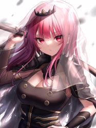 Rule 34 | 1girl, breasts, cleavage, hand on own hip, highres, holding, holding weapon, hololive, hololive english, long hair, looking at viewer, medium breasts, mori calliope, over shoulder, pink eyes, pink hair, solo, tiara, veil, virtual youtuber, waramori fuzuka, weapon