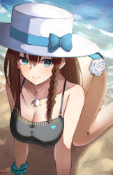 Rule 34 | 1girl, absurdres, bao (s 888), bare shoulders, bikini, black bikini, blue bikini, braid, breasts, brown hair, charlotte corday (fate), charlotte corday (swimsuit caster) (fate), charlotte corday (swimsuit caster) (first ascension) (fate), cleavage, collarbone, fate/grand order, fate (series), flower, green eyes, hat, highres, jewelry, large breasts, looking at viewer, mismatched bikini, necklace, pendant, short hair, side braid, solo, sun hat, swimsuit, thighs, white hat