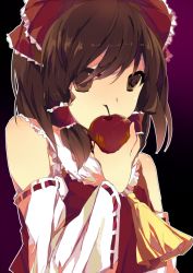 Rule 34 | 1girl, apple, bad apple!!, bare shoulders, brown eyes, brown hair, covering face, covering own mouth, covering privates, detached sleeves, female focus, food, fruit, hair ribbon, hakurei reimu, holding, holding food, holding fruit, japanese clothes, miko, neckerchief, ribbon, short hair, solo, touhou, wide sleeves, zeko