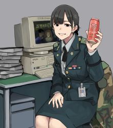 Rule 34 | 1girl, at computer, badge, black eyes, black hair, book, breasts, buttons, camouflage, camouflage jacket, can, collared shirt, commentary request, computer, crt, desk, energy drink, epaulettes, grey background, hair between eyes, happy, highres, jacket, keyboard (computer), korean text, long sleeves, looking at viewer, medium breasts, medium hair, military, military uniform, monitor, monster energy, name tag, open mouth, original, playing games, republic of korea army, ribbon bar, samsung, shirt, simple background, sitting, skirt, smile, solo, starcraft, unbuttoned, uniform, wani (perfect han), white shirt