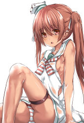 Rule 34 | 10s, 1girl, :o, arms at sides, bad id, bad pixiv id, bare legs, bare shoulders, blush, breasts, collarbone, dark-skinned female, dark skin, dress, eyebrows, female focus, hair between eyes, hat, kantai collection, leg up, libeccio (kancolle), long hair, looking at viewer, mini hat, open mouth, orange hair, panties, red eyes, revision, see-through, sideboob, skindentation, sleeveless, sleeveless dress, small breasts, solo, striped clothes, striped panties, sundress, tai (nazutai), thigh strap, twintails, underwear, very long hair, wet, wet clothes, wet dress, white dress, white hat