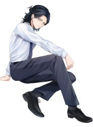Rule 34 | 1boy, alternate hairstyle, black footwear, black hair, boku no hero academia, commentary request, eraser head (boku no hero academia), facial hair, full body, highres, invisible chair, long hair, long sleeves, looking at viewer, male focus, miyanami 3, necktie, official alternate costume, pants, scar, scar on face, shirt, shirt tucked in, shoes, simple background, sitting, solo, stubble, suspenders, white background, white shirt