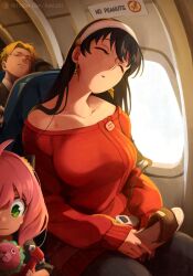Rule 34 | 1boy, 2girls, ahoge, aircraft, airplane, anya (spy x family), bare shoulders, becky blackbell, black hair, black jacket, black pants, blonde hair, breasts, closed eyes, closed mouth, collarbone, commentary, cowboy shot, director chimera (spy x family), dot nose, earrings, english commentary, gold earrings, green eyes, hair between eyes, hair ornament, hairband, hairpods, highres, holding sandals, jacket, jewelry, khyle., la chancla, light frown, long hair, long sleeves, looking down, medium breasts, multiple girls, off-shoulder shirt, off shoulder, pants, parted lips, patreon username, peanut, pink hair, red shirt, round teeth, shirt, short hair, sitting, sleeping, spy x family, straight hair, stuffed animal, stuffed toy, suit jacket, sweatdrop, tears, teeth, twilight (spy x family), upper body, upper teeth only, very long hair, watermark, web address, white hairband, window, yor briar