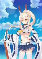Rule 34 | 1girl, :d, absurdres, ayanami (azur lane), azur lane, bandaid, bandaid on arm, bare shoulders, belt, biako, blue skirt, blue sky, blush, breasts, brown eyes, cloud, cloudy sky, commentary request, crop top, crop top overhang, day, hair between eyes, hair ornament, headgear, high ponytail, highres, holding, light brown hair, long hair, long sleeves, medium breasts, midriff, navel, ocean, open mouth, outdoors, pleated skirt, ponytail, revision, school uniform, serafuku, shirt, skirt, sky, sleeveless, sleeveless shirt, smile, solo, standing, thighhighs, underboob, very long hair, water, white belt, white shirt, white thighhighs, wide sleeves, zettai ryouiki