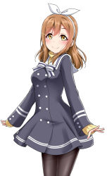 Rule 34 | 1girl, black pantyhose, blue dress, bow, bowtie, brown hair, buttons, cardigan, commentary request, double-breasted, dress, hair bow, hair ornament, hairband, hairpin, kunikida hanamaru, long sleeves, looking at viewer, love live!, love live! school idol festival, love live! sunshine!!, pantyhose, pleated dress, simple background, smile, solo, striped bow, striped bowtie, striped clothes, striped neckwear, white background, white bow, yellow cardigan, yopparai oni
