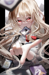 Rule 34 | 100th black market, 1girl, absurdres, apron, black vest, blonde hair, bow, card in mouth, closed mouth, commentary, foreshortening, hair between eyes, highres, index finger raised, kirisame marisa, long hair, long sleeves, looking at viewer, mouth hold, no headwear, no headwear, red bow, shirt, smile, solo, touhou, upper body, vest, waist apron, wavy hair, white apron, white shirt, yin yang, yukia (yukia 777)