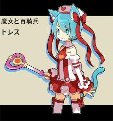 Rule 34 | animal ears, bare shoulders, blue hair, bow, cat boy, cat ears, cat tail, cropped legs, detached collar, detached sleeves, dress, frown, gumball watterson, hair bow, hair ornament, heart, heart print, long sleeves, looking away, magical girl, male focus, necktie, nemu maru, personification, red bow, red ribbon, ribbon, serious, short hair, solo, tail, the amazing world of gumball, thigh strap, thighhighs, trap, wand, white headwear, white thighhighs