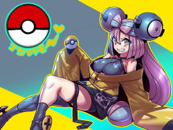 Rule 34 | bow-shaped hair, character hair ornament, covered erect nipples, creatures (company), game freak, grey pantyhose, hair ornament, hexagon print, highres, iono (pokemon), jacket, long hair, low-tied long hair, multicolored hair, nintendo, oversized clothes, pantyhose, pokemon, pokemon sv, sharp teeth, single leg pantyhose, sleeves past fingers, sleeves past wrists, split-color hair, symbol in eye, teeth, tukiwani, very long sleeves, x, yellow jacket