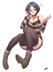 Rule 34 | 10s, 1girl, :p, bare shoulders, black hair, bra, choker, collarbone, convenient censoring, hayami kanade, highres, idolmaster, idolmaster cinderella girls, jewelry, jjune, licking lips, necklace, parted bangs, short hair, simple background, smile, solo, sweater, thighhighs, tongue, tongue out, underwear, yellow eyes