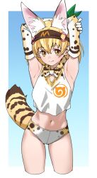 Rule 34 | 1girl, absurdres, adapted costume, animal ears, arms up, blonde hair, bloomers, blush, bow, bowtie, cat ears, cat girl, cat tail, cowboy shot, elbow gloves, extra ears, gloves, hairband, highres, japari symbol, kemono friends, midriff, navel, orange eyes, print bloomers, print bow, print bowtie, print gloves, print shirt, serval (kemono friends), serval print, shirt, short hair, sleeveless, tail, tanabe (fueisei), underwear, white shirt