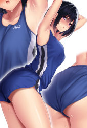 Rule 34 | 1girl, armpits, arms up, ass, black hair, blush, bob cut, breasts, close-up, huyumitsu, looking back, mole, mole under eye, multiple views, open mouth, original, pantylines, purple eyes, short hair, short shorts, shorts, sidelocks, simple background, small breasts, sportswear, sweat, tank top, thighs, track uniform, white background