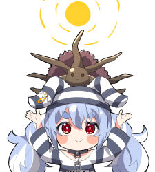 Rule 34 | 1girl, :&gt;, @ @, absurdres, ame., animal ears, animal hat, arms up, blue hair, blush stickers, closed mouth, commentary request, dress, fake animal ears, hair between eyes, hat, highres, hololive, long hair, long sleeves, looking at viewer, rabbit-shaped pupils, rabbit ears, safety pin, short eyebrows, simple background, striped clothes, striped dress, striped headwear, sun, symbol-shaped pupils, thick eyebrows, twintails, upper body, usada pekora, very long hair, virtual youtuber, white background