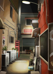 Rule 34 | air conditioner, alley, artist request, bad id, bad pixiv id, building, chair, crate, highres, night, no humans, original, plant, potted plant, real world location, scenery, tokyo (city)