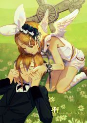 Rule 34 | 1boy, 1girl, angel, angel wings, bare shoulders, black ribbon, black suit, blonde hair, bow, brother and sister, chin rest, closed eyes, commentary, cross, crying, daisy, day, flower, formal, frilled headband, grass, hair bow, hair flower, hair ornament, hairclip, hand on another&#039;s face, head on head, holding hands, kagamine len, kagamine rin, kneeling, leaning forward, light smile, lying, neck ribbon, on back, outdoors, ribbon, shirt, shoes, short hair, shorts, siblings, sleeveless, sleeveless shirt, socks, suit, swept bangs, tears, tombstone, tuxedo, twins, vocaloid, w.r.b, white bow, white legwear, white shirt, white shorts, wings, wrist cuffs, wrist ribbon