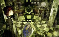 Rule 34 | 1boy, 1girl, abe yoshitoshi, ain, ain (despera), checkered floor, despera, highres, red eyes, red hair, slit pupils, steampunk, text focus, translation request, wall of text