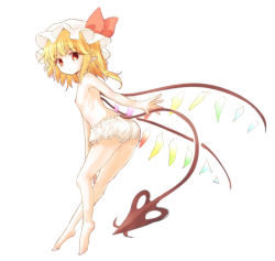 Rule 34 | 1girl, ass, bare legs, barefoot, blonde hair, bloomers, breasts, flandre scarlet, full body, hat, hat ribbon, highres, laevatein (tail), looking at viewer, mob cap, naegi (naegidokoro), pointy ears, red eyes, red ribbon, ribbon, simple background, small breasts, solo, tail, topless, touhou, underwear, underwear only, white background, white bloomers, wings
