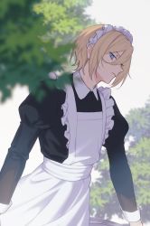 Rule 34 | 1boy, 55mot0, alternate costume, apron, bishounen, black dress, blonde hair, blue eyes, blurry, blurry foreground, branch, closed mouth, collared dress, commentary request, crossdressing, depth of field, dress, enmaided, ensemble stars!, eyelashes, frilled apron, frills, hair between eyes, head tilt, highres, juliet sleeves, long sleeves, looking at viewer, maid, maid apron, maid headdress, male focus, puffy sleeves, serious, sidelocks, sideways glance, simple background, sleeve cuffs, solo, standing, tenshouin eichi, tree, white apron, white background, white headwear, wing collar