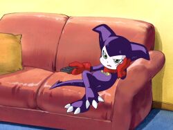 Rule 34 | controller, couch, digimon, digimon (creature), digimon tamers, gloves, green eyes, impmon, remote control, screencap, solo, tail