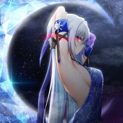 Rule 34 | 1girl, absurdres, alternate costume, arm up, armpits, black gloves, blue dress, blue hairband, breasts, china dress, chinese clothes, chinese commentary, closed mouth, commentary, crescent moon, dress, english commentary, gloves, hairband, high ponytail, highres, honkai: star rail, honkai (series), jingliu (honkai: star rail), looking at viewer, medium breasts, mid-autumn festival, mixed-language commentary, moon, red eyes, royboy, sideboob, solo, upper body, white hair