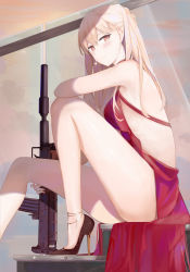 Rule 34 | 1girl, assault rifle, backless dress, backless outfit, black footwear, blonde hair, blush, braid, breasts, bullpup, closed mouth, commentary request, dress, earrings, from side, girls&#039; frontline, gun, high heels, highres, holding, holding weapon, jewelry, long hair, looking at viewer, looking to the side, medium breasts, official alternate costume, orange eyes, ots-14 (girls&#039; frontline), ots-14 (ruler of the banquet) (girls&#039; frontline), ots-14 groza, red dress, rifle, ru zhai, scope, sitting, smile, solo, suppressor, weapon