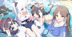 Rule 34 | 4girls, absurdres, aqua eyes, beach, bikini, bird, black hair, blue archive, braid, brown hair, commentary request, diving mask, diving mask on head, fisheye, glasses, goggles, goggles on head, highres, hood, hoodie, innertube, kaerunrun, looking at viewer, miyako (blue archive), miyako (swimsuit) (blue archive), miyu (blue archive), miyu (swimsuit) (blue archive), moe (blue archive), moe (swimsuit) (blue archive), multiple girls, ocean, one-piece swimsuit, open mouth, purple eyes, rabbit platoon (blue archive), round eyewear, saki (blue archive), saki (swimsuit) (blue archive), seagull, swim ring, swimsuit, twintails, white hair, yellow eyes