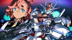 Rule 34 | 1girl, artist name, black hairband, blue eyes, end card, full body, glowing, glowing eyes, gun, gundam, gundam aerial, gundam suisei no majo, hairband, holding, holding gun, holding weapon, jnt, low ponytail, mecha, mobile suit, official art, projected inset, red hair, robot, smile, solo, suletta mercury, thick eyebrows, watermark, weapon
