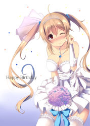 Rule 34 | 10s, 1girl, absurdres, ahoge, alternate costume, bare shoulders, blue flower, blush, bouquet, breasts, cleavage, collarbone, dress, flower, gradient background, hair between eyes, highres, holding, holding bouquet, jewelry, kantai collection, large breasts, light brown hair, long hair, looking at viewer, murasame (kancolle), necklace, one eye closed, purple flower, purunyara, red eyes, ring, smile, solo, tears, thighhighs, twintails, very long hair, wedding band, wedding dress, white dress, white thighhighs