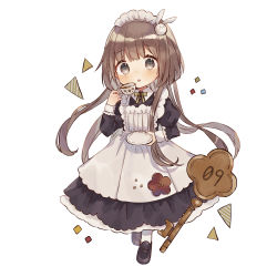 Rule 34 | 1girl, apron, black dress, black footwear, blush, brown eyes, brown hair, cup, dress, frilled apron, frills, full body, hair ornament, highres, holding, holding cup, holding saucer, juliet sleeves, loafers, long hair, long sleeves, looking at viewer, maid, maid apron, maid headdress, original, pantyhose, parted lips, puffy sleeves, rabbit hair ornament, saucer, shano-pirika, shoes, simple background, solo, teacup, very long hair, white apron, white background, white pantyhose